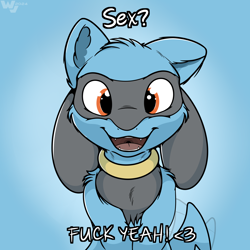 Size: 2000x2000 | Tagged: artist:whyvern, fictional species, mammal, riolu, anthro, boy, cub, male, solo boy, solo cub, solo male, young, pokémon, digital, suggestive, 2024, english text, fur, hair, looking at you, meme, open mouth, simple background, smiling, solo, tail, text, wagging tail