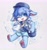 Size: 2552x2732 | Tagged: artist:xiao langao, canid, mammal, anthro, boy, cub, male, plantigrade, solo boy, solo cub, solo male, young, safe, blue eyes, blue fur, blue hair, blushing, fur, hair, mail, shorts, solo, white fur, winking
