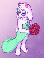 Size: 3062x4000 | Tagged: artist:atrolux, ralsei, goat, mammal, ungulate, anthro, boy, cub, male, solo boy, solo cub, solo male, young, deltarune, digital, safe, blushing, bouqet, clothing, crossdressing, dress, eyes closed, flower, fur, horn, solo, white fur
