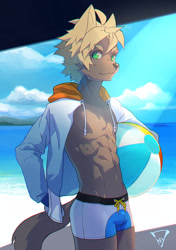 Size: 2079x2953 | Tagged: artist:7key, canid, mammal, anthro, boy, cub, male, muscular, slender, solo boy, solo male, solo teen, teen, twink, young, safe, abs, ball, beach, beach ball, blonde hair, blue sky, clothing, cloud, daytime, detailed background, drawstring, eyebrows, green eyes, hair, inflatable, jacket, kemono, kemoshota, looking at you, muscular male, open jacket, outdoors, pecs, sea, seaside, short hair, sky, smiling, solo, standing, swim trunks, swimwear, tight clothing, under shade, v-cut, water