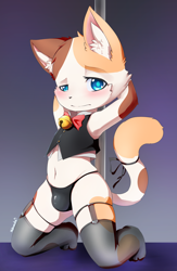 Size: 1266x1944 | Tagged: artist:nobusuke, artist:quilaru, collaboration, oc, oc:koro (quilaru), calico, cat, felid, feline, mammal, anthro, boy, cub, male, solo boy, solo cub, solo male, young, suggestive, bell, bell bow, blue eyes, blushing, bowtie, bulge, clothing, dancing, decorated bow, embarrassed, frown, fur, hair, half-closed eyes, hands behind head, kemono, kemoshota, kneeling, looking at you, mottled, narrowed eyes, navel, panties, pole, pole dancing, ribbons, shy, solo, stripper, stripper pole, underwear, vest