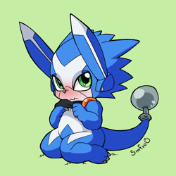 Size: 2000x2000 | Tagged: artist:sinfrou, dokamon, chubby, cub, male, solo cub, young, digimon, digimon universe appli monsters, cel shaded, suggestive, blushing, bottomless, clothing, green eyes, kneeling, looking at you, nlush, shirt lift, shy, singnature, solo