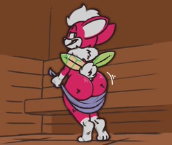 Size: 1200x1015 | Tagged: artist:fatzoimp, chip (sonic), mammal, anthro, cub, young, sonic team, sonic the hedgehog, colored, flat colored, suggestive, butt, digitigrade, indoors, looking at you, looking back, looking back at you, neck fluff, nude, rear view, sauna, smiling at you, smirking at you, solo, standing, towel