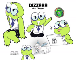 Size: 1264x1044 | Tagged: artist:sonokido, wolborg, oc, oc:dizzi, amphibian, canid, frog, human, mammal, wolf, chibi, feral, beyblade, colored, flat colored, safe, blushing, clenched eyes, closed eyes, computer, dialogue, finger up, glasses, green body, laptop, looking at you, looking away, multiple images, nerd, on side, peter griffin death pose, sitting, solo, solo focus, standing, struggling, talking to you