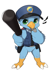 Size: 713x1000 | Tagged: artist:marimo manmosu, twitter bird, avian, bird, ambiguous gender, anthro, cub, young, twitter/x, cel shaded, safe, baton, beak, bird legs, blowing whistle, blue body, blushing, bottomless, clothing, front view, full-length portrait, green eyes, hat, headgear, headwear, holding baton, holding object, holding weapon, kemono, looking at you, police, police hat, police uniform, standing, topwear, uniform, weapon, whistle (object), wings