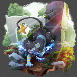 Size: 1200x1200 | Tagged: artist:haychel, oc:levin the luxio, generation 4 pokemon, luxio, feral, pokémon, safe, front view, outdoors, ruins, sharp teeth, snarling, snarling at you