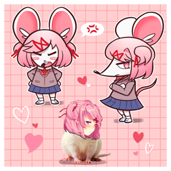 Size: 2000x2000 | Tagged: artist:bunijayy, natsuki (ddlc), mammal, rat, rodent, anthro, chibi, cub, female, girl, plantigrade, solo cub, solo female, solo girl, young, doki doki literature club, colored, digital, safe, alternate species, anger, blazer, blush stickers, clothing, crossed arms, furrified, hair accessory, hands on hips, looking at you, open mouth, pigtails, pink eyes, pink hair, school uniform, skirt, solo, standing, tail, white body