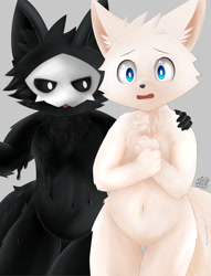 Size: 1040x1364 | Tagged: artist:feith-zr, puro, anthro, male, males only, slender, twink, changed, colored, digital, fully shaded, safe, black body, black sclera, blue eyes, colin (changed), duo, featureless crotch, looking at another, looking at you, navel, open mouth, white body