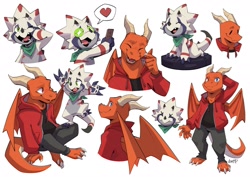 Size: 2048x1449 | Tagged: artist:benji, oc:seyfert, oc:unknown oc, digimon (species), dragon, gammamon, mythological creature, anthro, cub, semi-anthro, young, digimon, safe, closed eyes, clothing, duo, finger in mouth, fully clothed, hoodie, horns, looking at another, looking at each other, membranous wings, multiple images, multiple poses, neckerchief, neckerchief only, nudity, one eye closed, open smile, pants, roomba, shirt, solo, standing