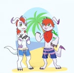 Size: 1280x1251 | Tagged: artist:reycovert, digimon (species), gomamon, gomamon x, anthro, slender, digimon, cel shaded, safe, anthrofied, barefoot, beach, brother, chest fluff, clothing, digitigrade, duo, fist pump, front view, full-length portrait, looking up, low-riding, mohawk, navel, outdoors, swim trunks, topless