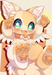 Size: 885x1254 | Tagged: unknown species, artist:tsukai_rabi, ambiguous gender, anthro, cub, young, colored, digital, safe, blushing, green eyes, kemono, looking at you, open mouth, open smile, pawpads, paws, smiling, solo, tail, tan body, wings