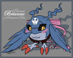 Size: 1250x1000 | Tagged: artist:roguemorpho, oc only, oc:brianne, demidevimon, digimon (species), cub, female, feral, solo cub, solo female, young, digimon, colored, flat colored, safe, blushing, front view, ribbon, solo, wings