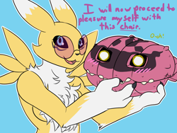 Size: 1000x750 | Tagged: artist:roguemorpho, oc:byte the syakomon, oc:sunshine the renamon, safe, blank eyes, blushing, breasts, chest fluff, clam shell, half-length portrait, hiding, holding partner, meme, nudity, open mouth, open smile, pink glasses, shell, size difference, smiling, talking to you