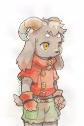 Size: 1357x2048 | Tagged: artist:chibicheu, oc:bulgogi, canid, dog, mammal, anthro, boy, cub, male, solo cub, solo male, young, fuga: melodies of steel, little tail bronx, safe, alternate species, bottomwear, clothing, curved horn, fur, gloves, gray fur, green clothing, grey body, hair, handwear, horn, long ears, orange clothing, shirt, simple background, solo, standing, tail, topwear, white background, yellow eyes