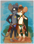 Size: 1581x2000 | Tagged: artist:raindow rodent, mammal, mouse, rodent, anthro, cub, male, male/male, slender, young, colored, digital, flat colored, suggestive, arm around shoulders, barefoot, belt, buckteeth, bulge, cape, clothing, duo, fantasy, front view, looking at another, looking at each other, navel, nupples, outdoors, pecs, scabbard, scar, thong, topless, underwear