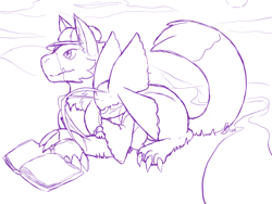 Size: 1000x750 | Tagged: artist:roguemorpho, oc:gleam the morphomon, oc:rose the dorumon, digimon (species), dorumon, morphomon, cub, female, females only, feral, semi-anthro, young, digimon, digital, lines, monochrome, sketch, safe, antennae, closed eyes, clothed feral, crossed arms, cuddling, duo, flat cap, fluffy tail, glasses, hug, outdoors, side view, solo