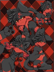 Size: 1500x2000 | Tagged: artist:mcmigmiggy, oc:miggy the litten, generation 7 pokemon, litten, pokemon (species), anthro, cub, cubs only, feral, male, males only, solo cub, solo male, young, pokémon, colored, flat colored, safe, anthrofied, arms behind head, bottomless, cheek fluff, closed eyes, clothing, crouching, digitigrade, evolutionary family, featureless crotch, looking at you, multiple poses, neckerchief, on back, scarf, sitting, smiling, solo, standing, topless, v sign