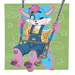 Size: 894x894 | Tagged: unknown species, artist:evilkiwii, ambiguous gender, cub, cubs only, solo cub, young, colored, digital, safe, 4 fingers, 4 toes, blue eyes, blushing, bottomwear, clothing, feet, front view, full-length portrait, hair, hindpaw, one eye closed, open mouth, open smile, overalls, pants, pawpads, pokemon sticker, shirt, short hair, sitting, smiling, solo, sticker, swing, swinging, tail, topwear