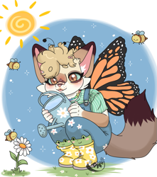 Size: 841x950 | Tagged: unknown species, artist:evilkiwii, ambiguous gender, cub, cubs only, solo cub, young, colored, digital, safe, 5 fingers, bandage, bandage on face, blep, blushing, boots, bottomwear, brown eyes, clothing, crouching, daytime, fingers, footwear, full-length portrait, hair, holding object, jewelry, necklace, neckwear, outdoors, overalls, pants, shirt, shoes, solo, tail, tongue out, topwear, watering can, wings