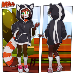Size: 3000x3000 | Tagged: artist:sicmop, oc:mika (kryssandraninsoare), ailurid, mammal, red panda, anthro, cub, cubs only, female, girl, solo cub, solo female, solo girl, young, alternate version, colored, digital, reference sheet, safe, 5 fingers, alpha channel, brown hair, clothing, fingers, flat breasts, footwear, front view, full-length portrait, green eyes, hood up, hoodie, legwear, looking at you, multiple poses, open mouth, open smile, outdoors, pigtails, rear view, shirt, shoes, smiling, sneakers, socks, solo, standing, tail, topwear