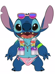 Size: 1514x2048 | Tagged: artist:celestial, stitch, alien, experiment (species), fictional species, cub, cubs only, male, males only, solo cub, solo male, young, disney, lilo and stitch, colored, digital, flat colored, suggestive, accessory, bisexual pride colors, blue nose, bulge, clothing, eyewear, front view, full-length portrait, glitter, jewelry, lgbt pride, looking at you, multicolored necklace, multicolored sunglasses, multicolored vest, necklace, open legs, open mouth, open smile, panties, pendant, pride colors, sharp teeth, side-tie panties, smiling, solo, sunglasses, sunglasses on head, topwear, underwear, vest, yin yang