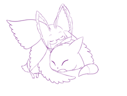 Size: 2000x1500 | Tagged: artist:roguemorpho, oc:alt the renamon, oc:gleam the morphomon, digimon (species), morphomon, viximon, female, feral, male, semi-anthro, digimon, lines, monochrome, safe, age difference, antennae, closed eyes, duo, ear bite, glasses, size difference, snuggling