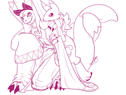 Size: 1000x750 | Tagged: artist:roguemorpho, oc:alt the renamon, oc:sugar the renamon, cub, female, male, slender, young, digital, lines, monochrome, safe, age difference, daughter, duo, entwined tails, excited, father, father and daughter, holding arm, kneeling, on one knee, size difference, smirk, standing