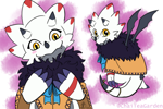 Size: 1500x1000 | Tagged: artist:roguemorpho, oc:mooch the gammamon, digimon (species), gammamon, cub, semi-anthro, young, digimon, colored, flat colored, safe, bat wings, blushing, cape, front view, full-length portrait, fur, horns, looking at you, looking back, looking back at you, multiple poses, portrait, rear view, ribbon