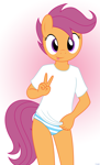 Size: 2010x3315 | Tagged: artist:tolpain, scootaloo (g4), equid, mammal, pony, anthro, cub, cubs only, female, girl, solo cub, solo female, solo girl, young, my little pony, my little pony: g4, alternate version, colored, digital, flat colored, safe, 5 fingers, anthrofied, clothing, fingers, flat breasts, front view, gesture, looking at you, orange body, panties, purple eyes, purple hair, shirt, short hair, smiling, solo, t-shirt, tail, tongue out, topwear, underwear, v sign