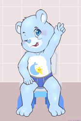 Size: 1200x1800 | Tagged: artist:maverick, tugs (care bears), bear, mammal, ursine, anthro, boy, cub, cubs only, male, solo boy, solo cub, solo male, young, care bears, alternate version, colored, digital, suggestive, 3 toes, 5 fingers, blue body, blue eyes, briefs, bulge, clothing, fingers, full-length portrait, gesture, looking at you, one eye closed, open mouth, open smile, potty, sitting, smiling, solo, underwear, v sign