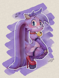 Size: 2250x3000 | Tagged: artist:aer0_zer0, artist:nottrevbe, collaboration, billie, bovid, caprine, goat, mammal, ungulate, ambiguous gender, anthro, billie bust up, colored, digital, suggestive, armwear, bell, blue eyes, clothing, collar, crouching, fishnet, fishnet armwear, fishnet clothing, fishnet legwear, floppy ears, footwear, full-length portrait, hair, high heels, horn, horns, legwear, long ears, looking at you, nervous, nervous smile, purple body, shoes, short hair, smiling, solo, tail, thigh highs