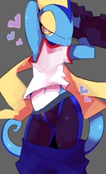 Size: 880x1440 | Tagged: artist:warito moeru, generation 8 pokemon, inteleon, pokemon (species), anthro, male, males only, slender, solo male, solo teen, teen, pokémon, suggestive, arms behind head, bedroom eyes, bottomwear, bottomwear down, boxer-briefs, bulge, clothing, front view, heart, hearts around head, hiked up shirt, lidded eyes, looking at you, midriff, narrowed eyes, navel, nudity, pants, pants down, pinup, posing, raised arm, raised clothing, sagging pants, shirt, shirt lift, solo, standing, tail, tight clothing, topwear, underwear