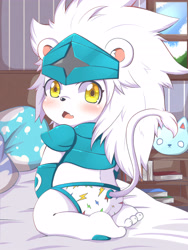 Size: 3912x5216 | Tagged: artist:toruu, digimon (species), spadamon, anthro, cub, cubs only, male, males only, solo cub, solo male, young, digimon, safe, armor, bed, bedroom, blushing, briefs, butt, clothing, detailed background, fur, furniture, indoors, kneeling, looking at you, looking back, looking back at you, mane, on bed, pattern briefs, print briefs, rear ciew, solo, unconvincing armor, underwear, white body, white briefs, white clothing, white fur, white underwear