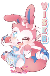Size: 800x1200 | Tagged: artist:rinusagi, eeveelution, generation 6 pokemon, pokemon (species), sylveon, ambiguous gender, anthro, chibi, cub, cubs only, solo cub, young, pokémon, colored, digital, safe, diaper, fang, front view, full-length portrait, holding object, looking at you, one eye closed, open mouth, open smile, pacifier, pawpads, smiling, solo, standing, teeth, toy
