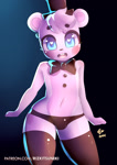 Size: 1018x1440 | Tagged: artist:miiyauwu, helpy, bear, mammal, ursine, anthro, boy, cub, cubs only, femboy, male, males only, solo boy, solo cub, solo male, young, five nights at freddy's, colored, digital, fully shaded, suggestive, blue eyes, bow, bowtie, bulge, clothing, front view, hair, hat, headwear, heart eyes, kemono, kemoshota, legwear, looking at you, navel, open mouth, panties, short hair, simple background, solo, standing, stockings, thigh highs, thong, top hat, topless, underwear, wide hips