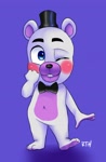 Size: 1301x1983 | Tagged: artist:rokkerth, helpy, bear, mammal, ursine, anthro, chibi, male, males only, plantigrade, solo male, five nights at freddy's, colored, digital, safe, blue eyes, bow, bowtie, feet, front view, full-length portrait, hat, headwear, navel, one eye closed, simple background, solo, standing, top hat, white body