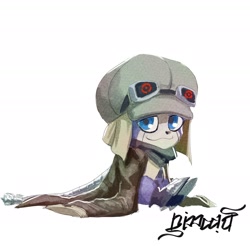 Size: 1920x1888 | Tagged: artist:nimadj, appmon (species), digimon (species), offmon, cub, cubs only, male, males only, semi-anthro, solo cub, solo male, young, digimon, safe, goggles, goggles on head, looking at you, oversized clothing, side view, sitting, solo, weak smile, young only