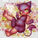 Size: 3500x3500 | Tagged: artist:d685ab7f, generation 5 pokemon, pokemon (species), purrloin, ambiguous gender, anthro, chubby, cub, cubs only, solo cub, young, pokémon, colored, digital, fully shaded, safe, blushing, featureless chest, feet, full-length portrait, green eyes, hindpaw, kemono, looking at you, navel, open mouth, open smile, pawpads, purple body, smiling, solo, tail, v sign
